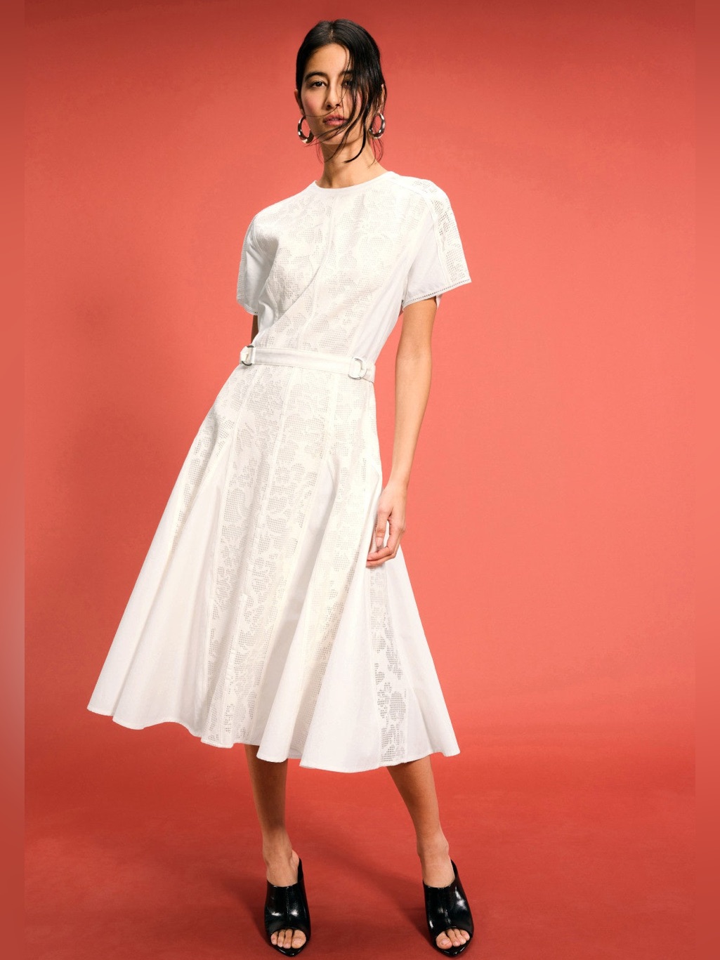 3.1 Phillip Lim White Lace-Panel Belted Midi Dress